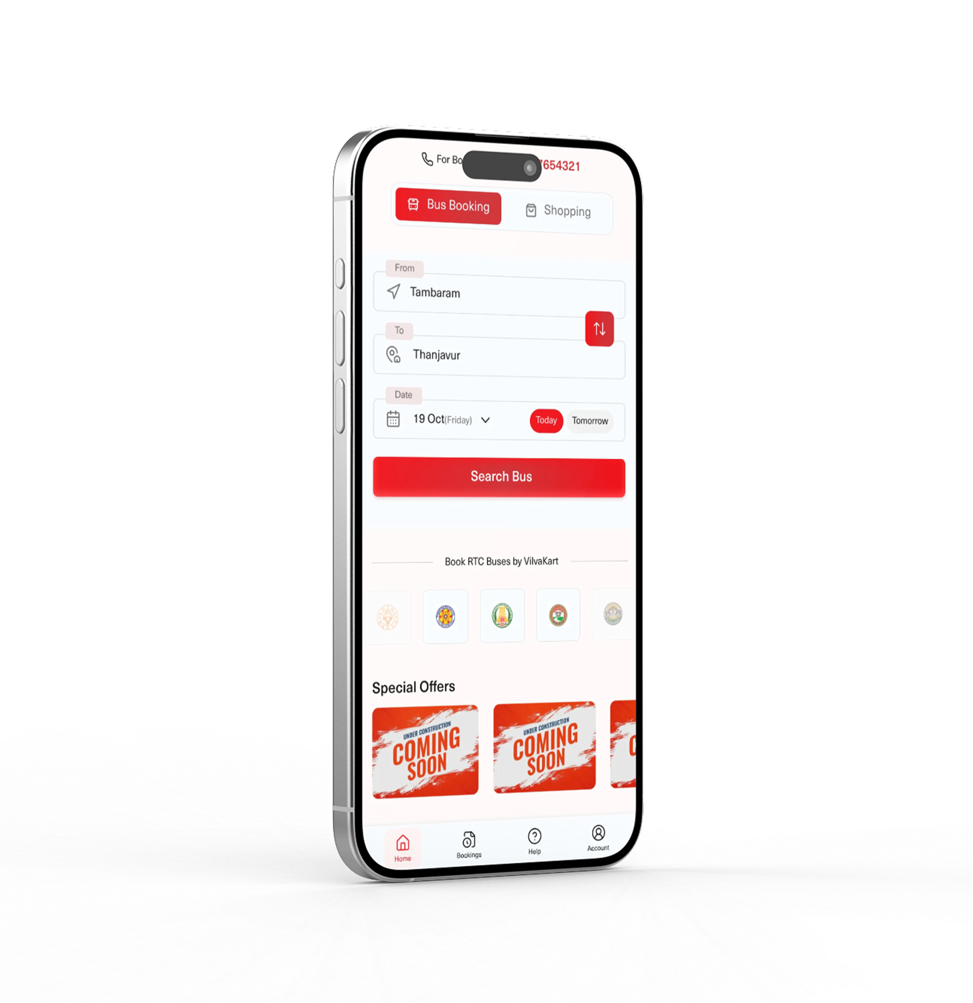 Main bus booking mobile interface