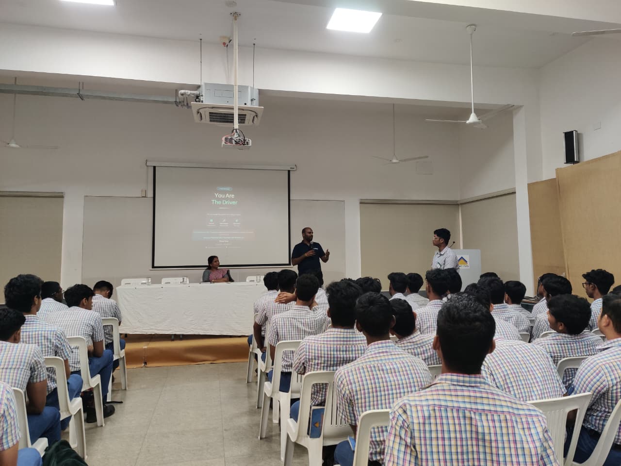 Students attending a session in a lecture hall at T.S. Srinivasan Polytechnic College