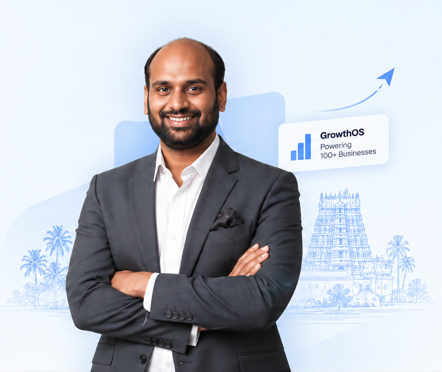 Gopinath Ravirajan with the Tamil Nadu skyline and the GrowthOS card — powering 100+ businesses